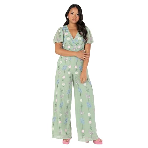 Maya Deluxe Women's Ladies Jumpsuit Short Sleeve V-Neck Wrap Tie Belt Open Back Embroidered Wide Leg for Wedding Guest Occasion Mono, Sage Green, 8 De Las Mujeres