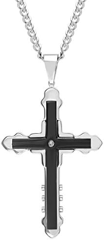 Men’s Stainless Steel Diamond Accent Two-Tone Black Cross Pendant with Curb Link Chain Necklace, 24”