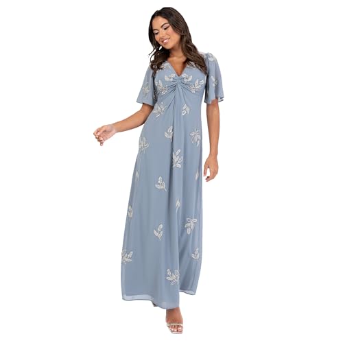 Maya Deluxe Women's Maxi Dress Ladies V-Neck Angel Sleeve Floral Bead Embellished Knot Front A-Line Bridesmaid Wedding Guest Prom, Blu Polvere 36