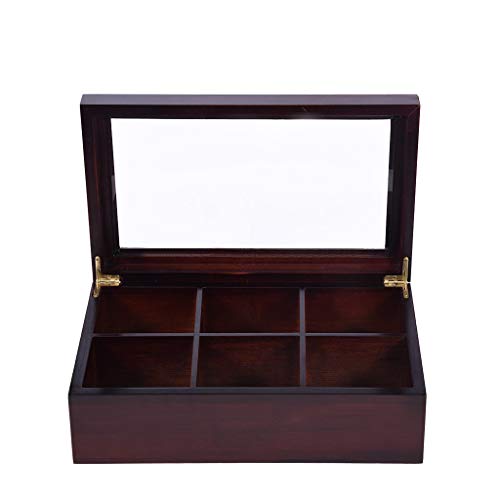 Iusun Bamboo Tea Box Organizer Chest with Clear Hinged Lid 6 Compartments Small Drawer Tea Bag Classic Teabag Holder Variety Box Storage Sections 12X7X3.7'' - Ship From USA (Redwood) - Thumbnail 2