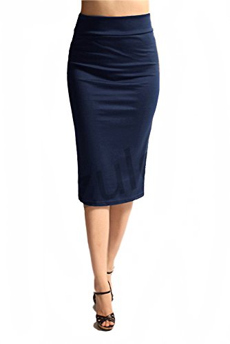 Sassy Apparel Womens Comfortable Elastic Below Knee Fashion Pencil Skirt (Navy, XL)