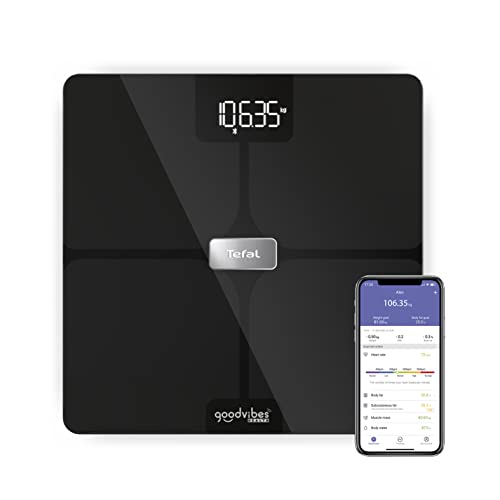 Tefal Goodvibes Health Balance connectée, 14 indicateurs corporels, Application connectée, Nombre illimité d'utilisateurs, Capacité de 180 kg et plateau verre 32x32 cm, Noir BM9670S1