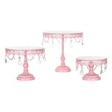 Amalfi Decor Cake Stand Set of 3 Pack, Dessert Cupcake Pastry Candy Display Plate for Wedding Event Birthday Party, Round Metal Pedestal Holder with Crystals, Pink