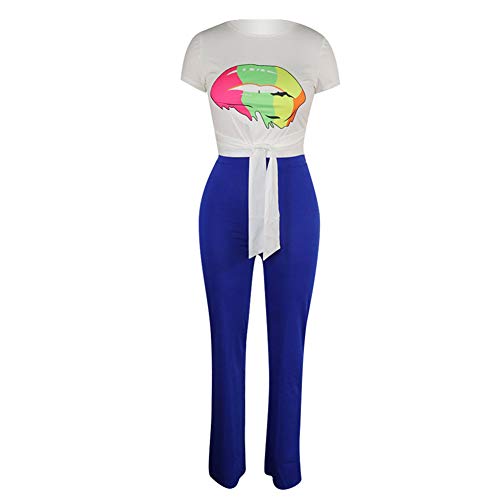 Desirepath Women Two Piece Outfits Sets Tie Knot Front Short Sleeve Printed Top Long Pants Sets Blue