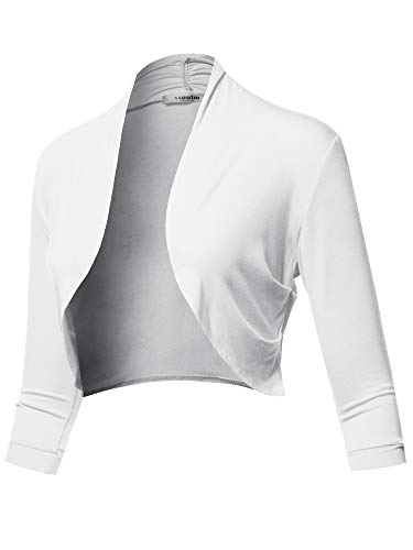 SSOULM Women's 3/4 Sleeve Open Front Bolero Shrug Cardigan White M