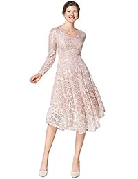 Artículo nuevo - Vestido de encaje floral con cuello en V y manga larga para mujer