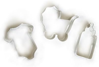 Set of 3 Baby Cookie Cutter Set- Baby Carriage, Baby Bottle, Baby One Piece T-Shirt Tin Plate Metal- Made in U.S.A. + Famous Sugar Cookie Recipe