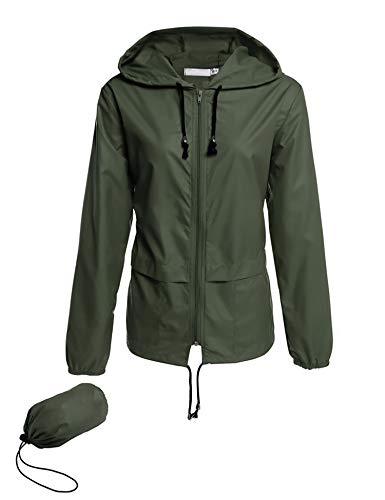 Besshopie Rain Jackets for Women, Lightweight Zip Up Hiking Travel Cycling Hooded Waterproof Raincoat (Dark Green Waterproof Raincoat, L)