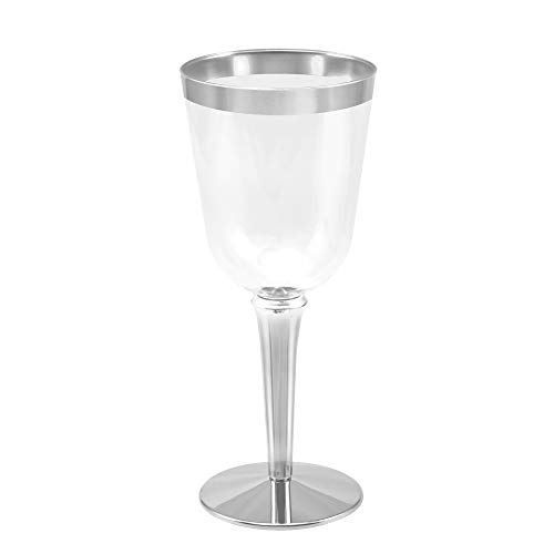 BloominGoods Silver Rimmed Disposable Plastic Wine Glasses Large 10