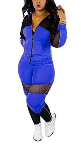 lexiart Womens Long Sleeve 2 Piece Outfits Mesh Hoodies Jacket and Long Pants Set Bodycon Tracksuits Blue XL