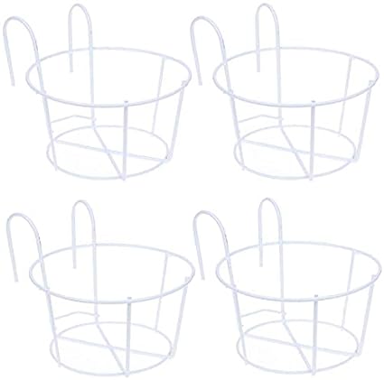 Ezzu Crafts 4 Pack Round Metal Hanging Railing Planters,Hanging Railing Planter Flower Pot Holder Basket Iron Art Rack Fence Shelf Container for Balcony,Garden,Indoor and Outdoor (White)