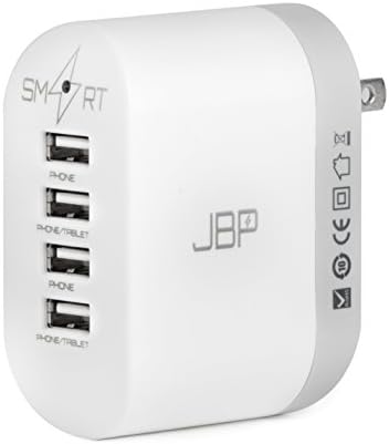 4 Port USB Travel &amp; Home Wall Charger with SmartCharge by JBP: Universal Adapter Accessory for Charging Cell Phones, Multiple Devices and Electronics with Folding Plug - White/Gray