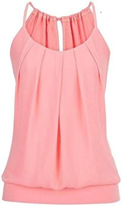 Trendinao Women Summer Loose Fit Wrinkled Pleated O Neck Cami Tank Top