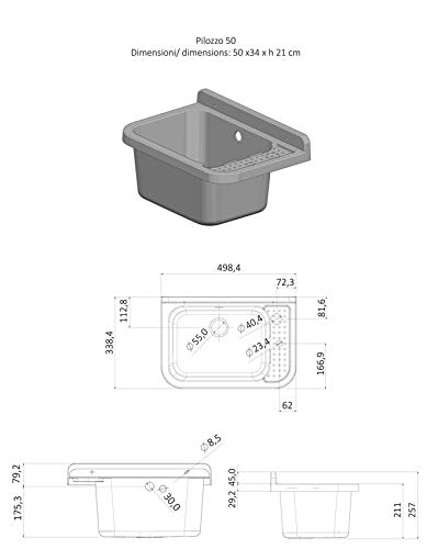 Waschbecken mit Wandmontage, Betongrau, Harz für den Außenbereich, 50 x 34 x 21 cm – Bild 5