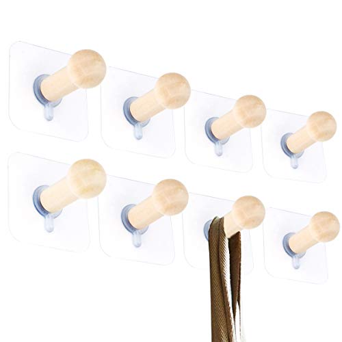 Sendida Self Adhesive Wall Hooks - 8 Pack No Drills Wooden Hat Hooks Storage Wall Mounted Coat Hanging Hook for Coat Towel Hat Key Robe Hooks On Door Wardrobe Closet - Thumbnail 7