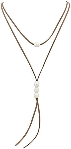 MAIMANI White Freshwater Cultured Pearl Necklace Bohemian Beads on Suede Cord for Women 60" Light Brown