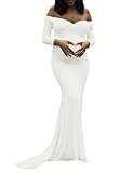 Saslax Women's Off Shoulders Sweetheart Neckline Long Sleeves Maternity Slim Fit Gown for Photography Dress Off White M