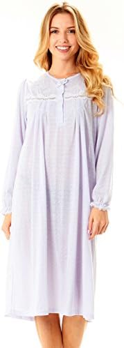 Women Long Sleeve Crew Neck Solid/Dots Print Super Soft Casual Night Gown Pajama Sleepwear (L, Purple-502)