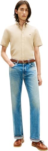Uomo Camicia Linen Blend Solid Maniche Corte, Beige (Sandalwood), M