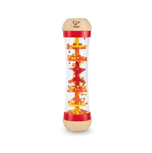 Hape Beaded Raindrops | Mini Wooden Musical Toddler Instrument, Shake & Rattle Rainmaker Toy, Red