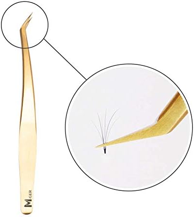 MGERLash Tweezers for Eyelash Extensions, Hand Calibrated Dolphin-shaped & Curved Tip, False Lash Application Tools, Gold (Volume Tweezers)