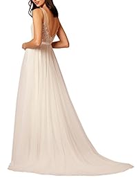 Ikerenwedding - Vestido largo de tul de encaje con cuello en V para mujer