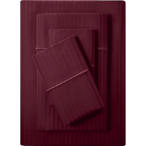 Feather & Stitch Juego de sábanas damasco 500 hilos, 100 % algodón, suaves y transpirables, bolsillos profundos de 45,7 cm, tejido satén a rayas, tipo hotel vacacional (burdeos, tamaño individual)