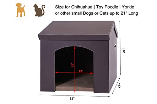 PAWLAND Collapsible Leather Pet Haven Indoor Cat Dog House for Small Dogs,Cats, Folding Dog House with Toys Storage and Bed,Roof Opens, Brown - Thumbnail 3