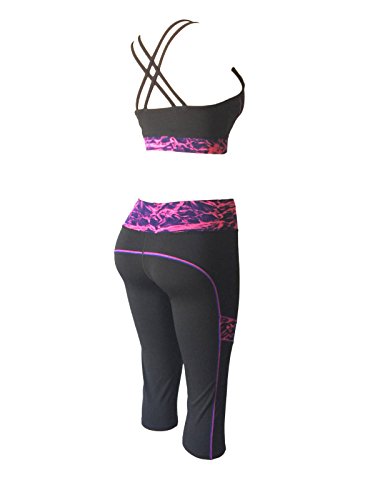 Women Gym Yoga Workout Activewear Sets Unpadded Sports Bra Top + Crop Leggings 2 Pieces Set (M/L, Berry Pink/Navy Black Mix)