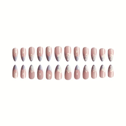 Blue French tips Press on Nails Medium Almond Fake Nails with Design White Flower Glue on Nails Glossy Spring Nails Reusable Summer False Nails for Women Girls Manicure 24pcs - Image 4