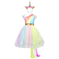 Girls Unicorn Dress with Headband Princess Dressing Up Costume Outfit Rainbow Age 2-8 Years (4-5 Years)