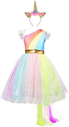 Girls Unicorn Dress with Headband Princess Dressing Up Costume Outfit Rainbow Age 2-8 Years