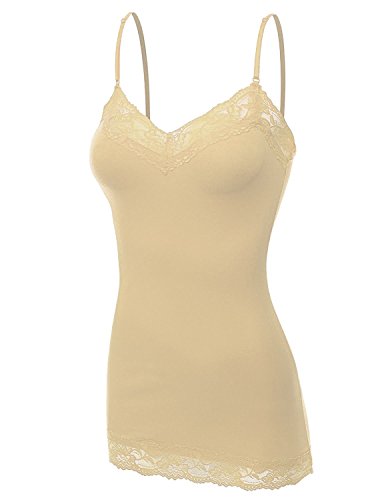 RT1004 Ladies Adjustable Spaghetti Strap Lace Trim Long Tunic Cami Tank Top Taupe S