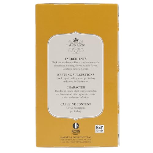 HARNEY & SONS CHAI TEA BAGS, 20 COUNT BOX, BLACK TEA WITH CARDAMOM AND SPICES