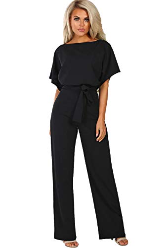 ALAIX Women's Casual Short Sleeve Jumpsuit Loose Wide Leg Long Pants Rompers with Waistband Black-L