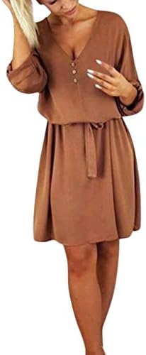 Colouredays Dress for Women Casual Summer Clothing Tunic Long-Sleeved Solid Design Buttons Half Sleeve Belt Skirt