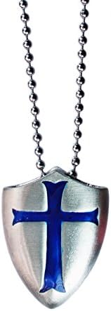 exoticdream Knight Templar Shield Crusader Cross Medallion Medieval Amulet Defense Protection Thick Pendant Necklace (Blue + Ball Chain, 24)