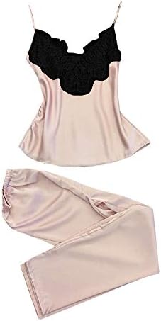 Women Sleepwear Sleeveless Strap Nightwear Lace Trim Satin Cami Top Pajama Sets