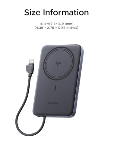 UGREEN MagFlow Air Qi2 15W 10000mAh Power Bank Ultra Delgada Batería Portátil con MagSafe, PD 30W Cable USB-C Integrado, Carga Inalámbrica Magnética Compatible con iPhone 17/16/15/14 Series Negro