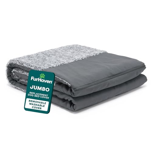 FurHaven Pet Dog Bed Cover | Two-Tone Plush Faux Fur & Suede L Shaped Chaise Lounge Living Room Corner Couch Pet Bed Replacement Cover for Dogs & Cats, Stone Gray, Jumbo