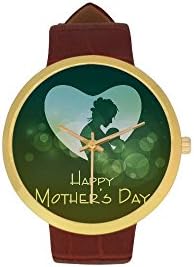 Happy Mothers Day Metal Case, Tempered Glass, Golden Leather Strap Watch