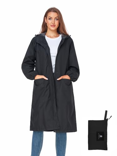 SaphiRose Giacca antipioggia da donna con cappuccio lunga per esterni, giacca a vento (nero, XXL)