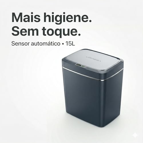 Lixeira Automática com sensor, Lixeira inteligente, inteligente com sensor, grande, 15 litros, Lixeira sem Contato para Sala de Estar, Cozinha, Banheiro, Escritório, Quarto, comerciais, (cinza)