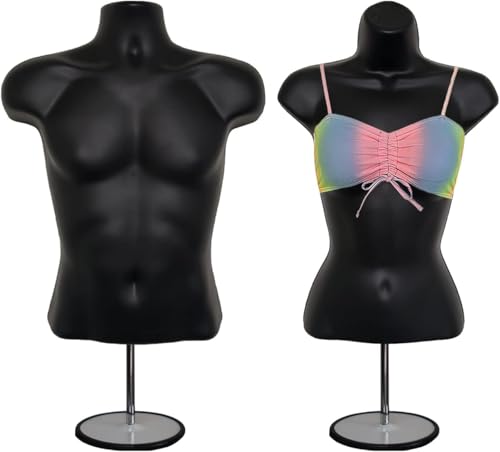 DisplayTown Male and Female Mannequin Torso with Metal Stand Hollow Back Body Stackable Dress Form for Tshirt Display, Countertop, Craft Shows, S-M Size (Black, Set of 1)