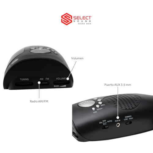 Select Sound Radioreloj Despertador con Alarma o Radio. Radio Am/FM, Sleep/Snooze, dsplay de 1.2"