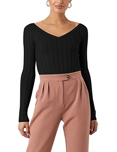 HATANT WOMEN’S RIB SWEATERS V-NECK V BACKLESS TUNIC PULLOVER SWEATER CLASSIC ELASTIC SOLID COLOR CASUAL LONG SLEEVE SWEATER FOR WOMEN V-NECK PULLOVER KNIT JUMPER TOPS WINTER CLOTHES HS-M