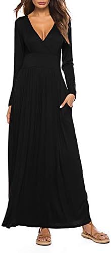 HMei Women's Maxi Dress Long Sleeve V Neck Wap Waist Casual Loose Dress with Pockets