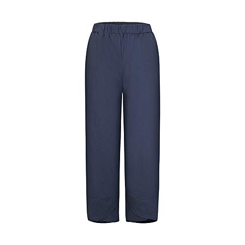 Oismys Baggy Casual Trousers Women Linen Pants Wide Leg Tapered Cropped Pants Elastic Waist Cross-leg Trousers with Pocket