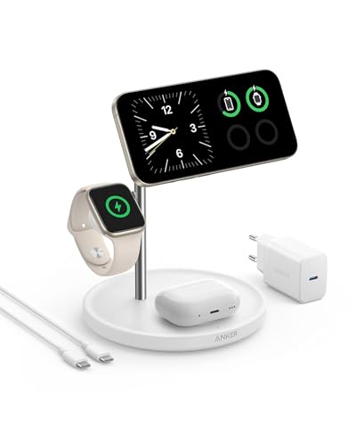 Anker MagGo 3-in-1 Kabellose Ladestation, 15W kabelloser Ladeständer, MagSafe-kompatibel, Qi2-zertifiziert, für iPhone 17/16/15/14 Serie, AirPods Pro,