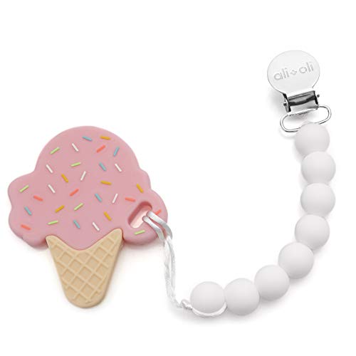 Ali+Oli Baby Teether Pink Ice Cream | BPA & Phthalates Free | Freezer Friendly & Mom Approved | Perfect Infant Teething Toy to use with a Pacifier Clip | Baby Chew Toys for Teething Pain Relief